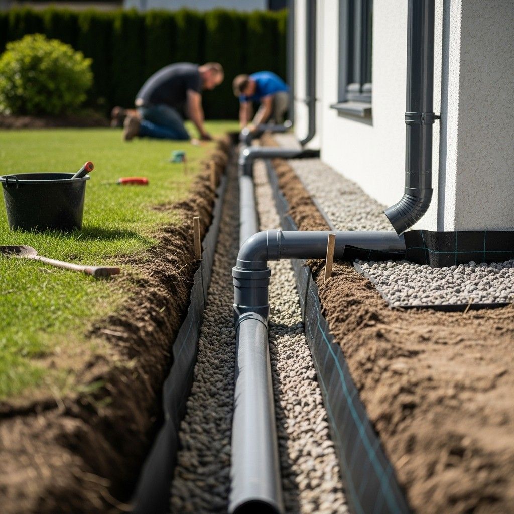 Downspout drainage installation with trench and buried pipe for yard water management and landscape irrigation control