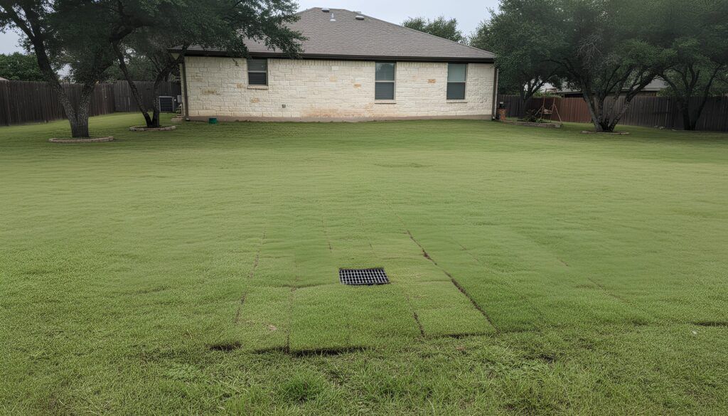 Side yard landscape drainage system after installation, graded lawn and stone edging for runoff control