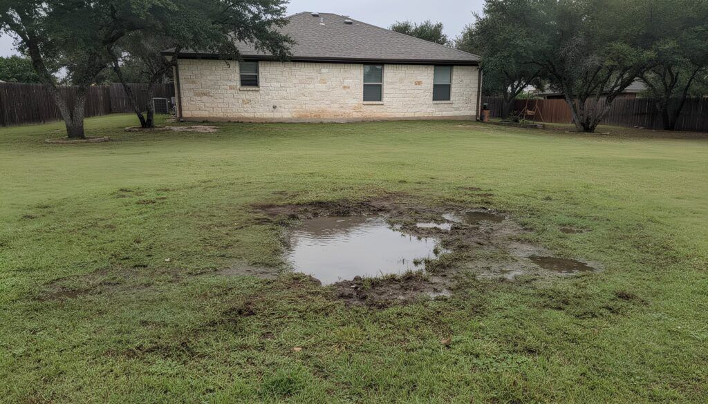 Home side yard before landscaping showing poor drainage and soggy lawn area, prep for drainage and irrigation improvements