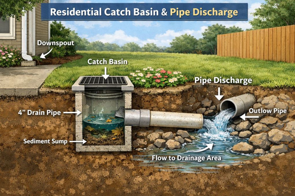 Illustration showing a catch basin capturing surface water and discharging through an underground pipe to a safe outlet.