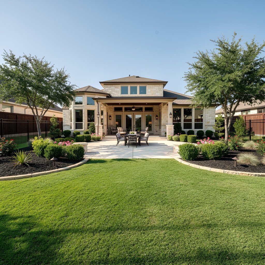 Backyard landscaping transformation in Helotes with new hardscape, lawn care, irrigation, and tree trimming for homeowner