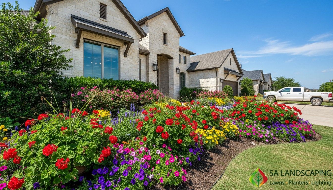 Colorful planter bed installation in Helotes with fresh mulch, flowers, and edging for landscape design