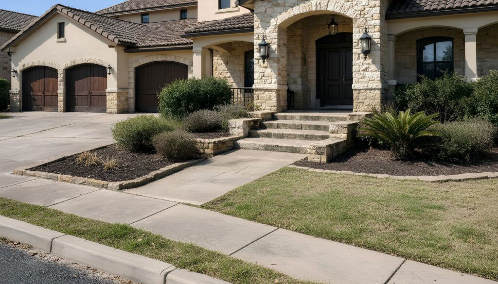 Helotes front yard refresh with new landscape design, lawn care edging, shrubs, mulch, and hardscape stone border