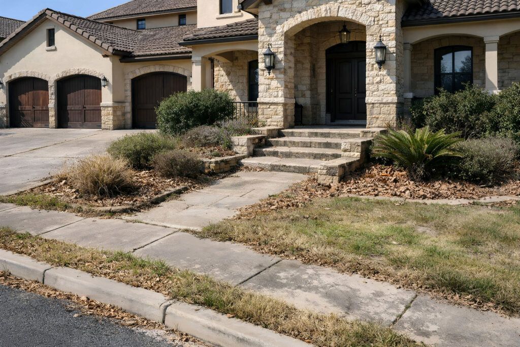 Helotes front yard before refresh with overgrown lawn, outdated beds; landscape design planning for lawn care