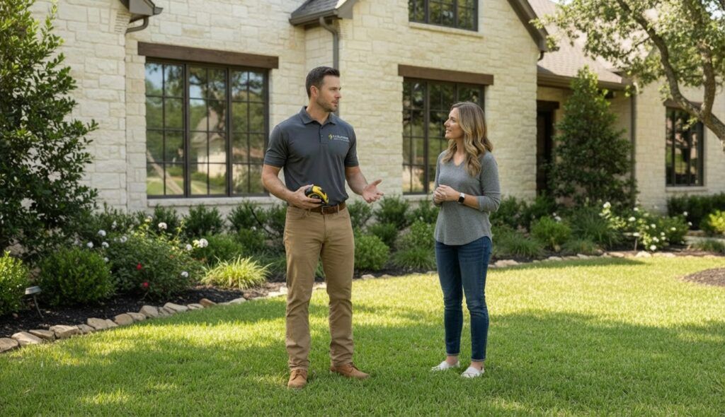 Landscaper measuring front yard for lawn care and landscape design estimate for homeowner project manager supervisor