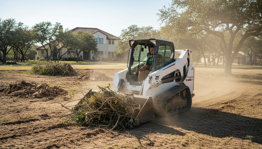 Landscaper operating Bobcat skid steer for hardscape grading and landscape design prep on lawn care project