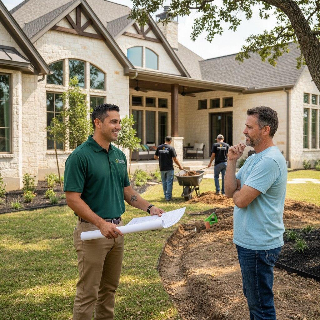 Landscaper reviewing xeriscaping landscape design plan with homeowner customer for drought-tolerant yard