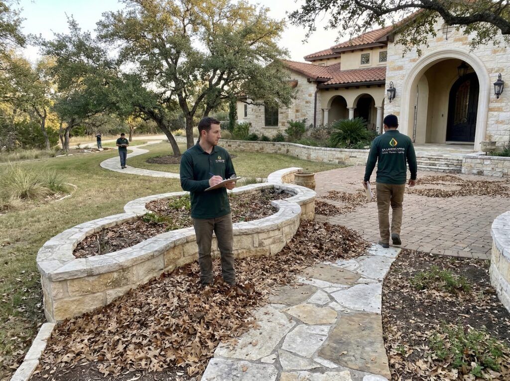 Landscapers survey property for seasonal landscape clean-ups, noting heavy leaf areas, planters, patios, and access points