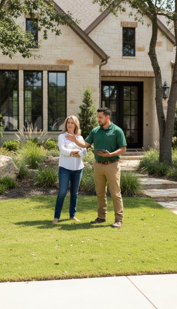 Project manager measuring yard for landscape design, lawn care planning and irrigation layout at homeowner property