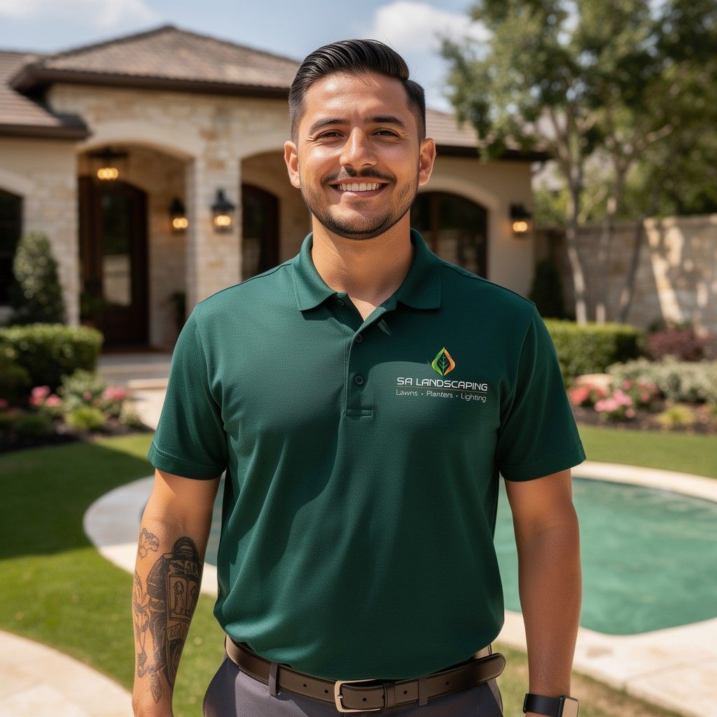 Project manager smiling at camera during landscape design and lawn care job supervision for homeowner customer