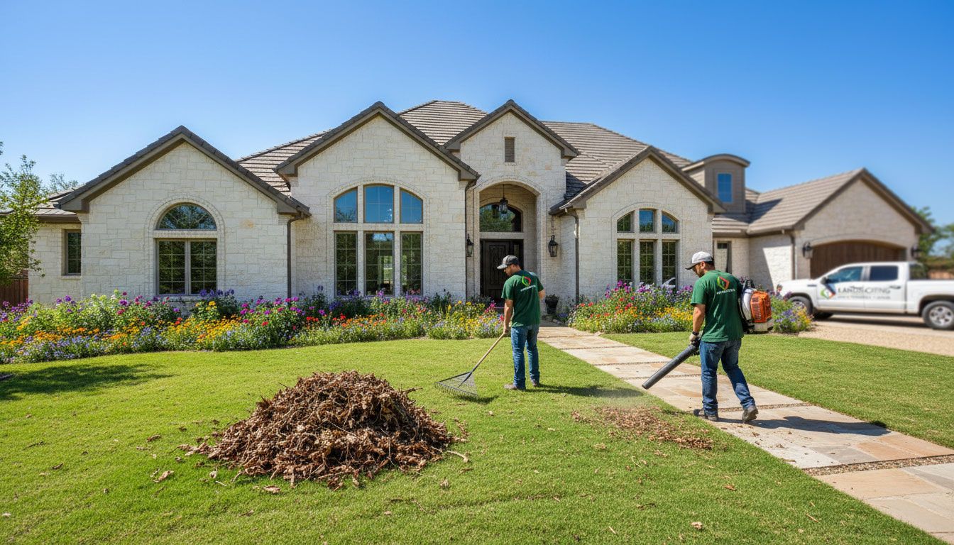 Spring yard cleanup with lawn care, leaf removal, tree trimming, and landscape design prep for homeowner