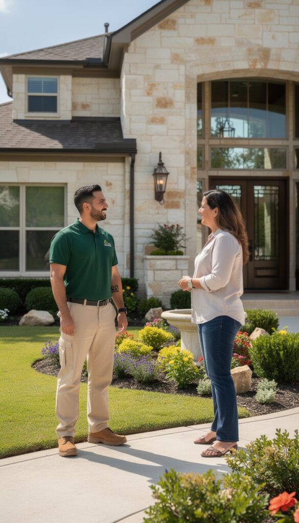 Project manager consults homeowner, measuring yard for landscape design, lawn care, irrigation and hardscape plan