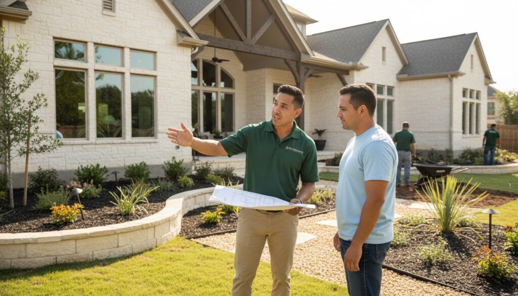 Project manager inspects yard slope and low spot for drainage, lawn care and irrigation planning