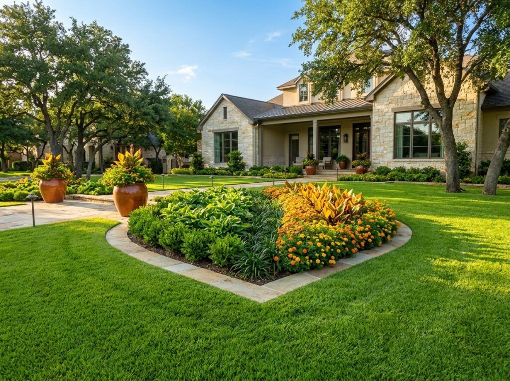 Texas residential yard landscaping with healthy lawn, refreshed plant beds, neat edging, vibrant drought-tolerant plants