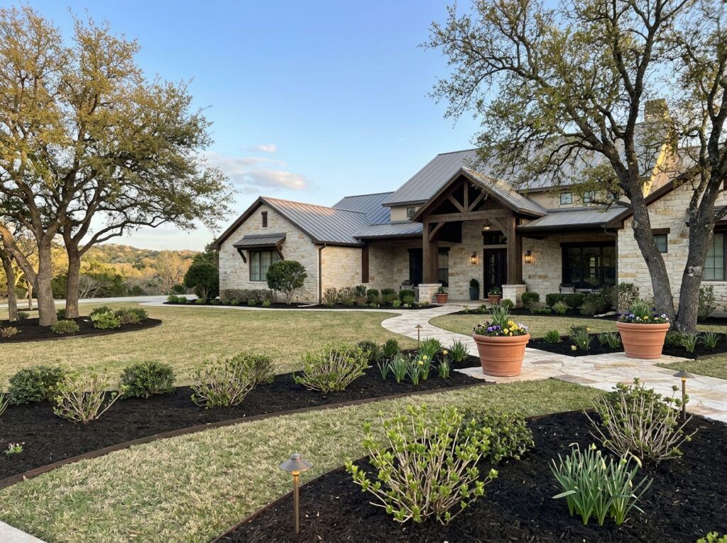 Home during winter-to-spring yard reset with fresh cleanup, tidy beds, clean lawn, healthy landscape ready for growth