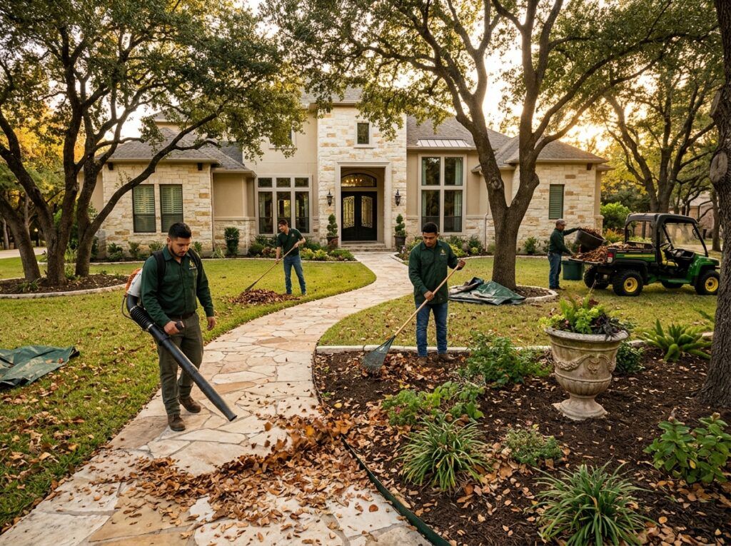 Yard cleanup service removing leaves and debris from lawn, beds, and walkways at luxury Texas home