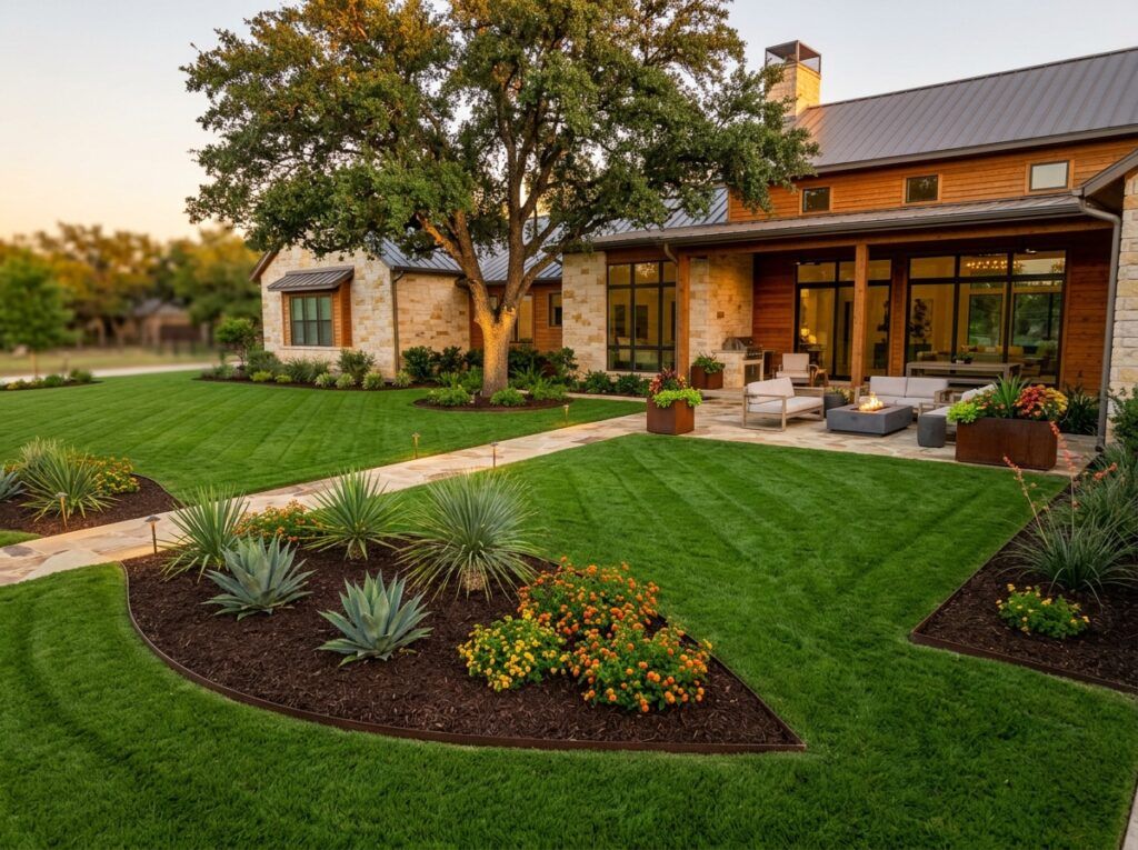 Residential yard after seasonal cleanup with tidy lawn and refreshed landscape beds at upscale Texas home