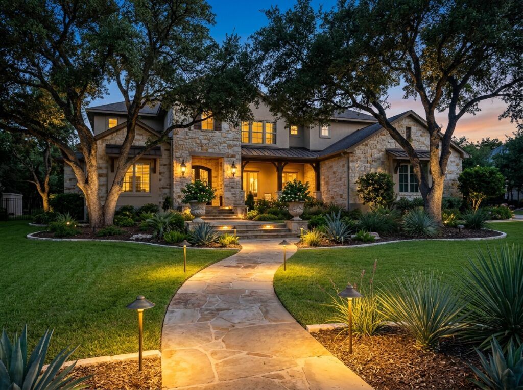 Luxury Texas home outdoor landscape lighting at dusk with durable fixtures and glowing path lights