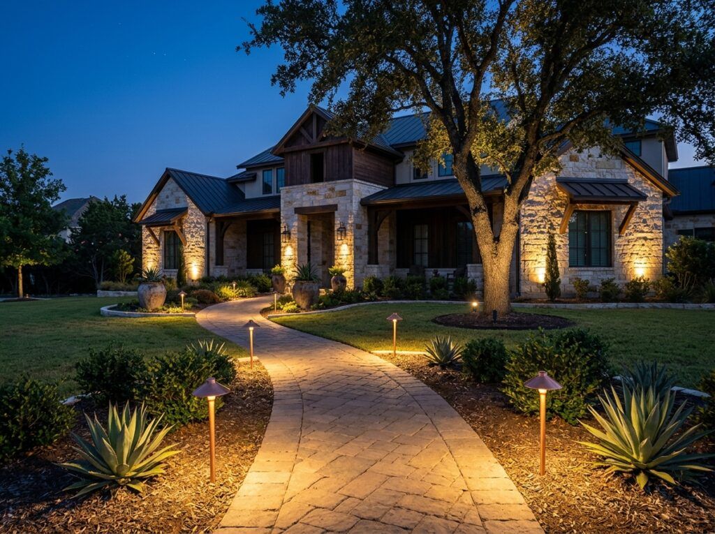 Low-voltage landscape lighting with warm path lights and uplights at an upscale Texas home at dusk