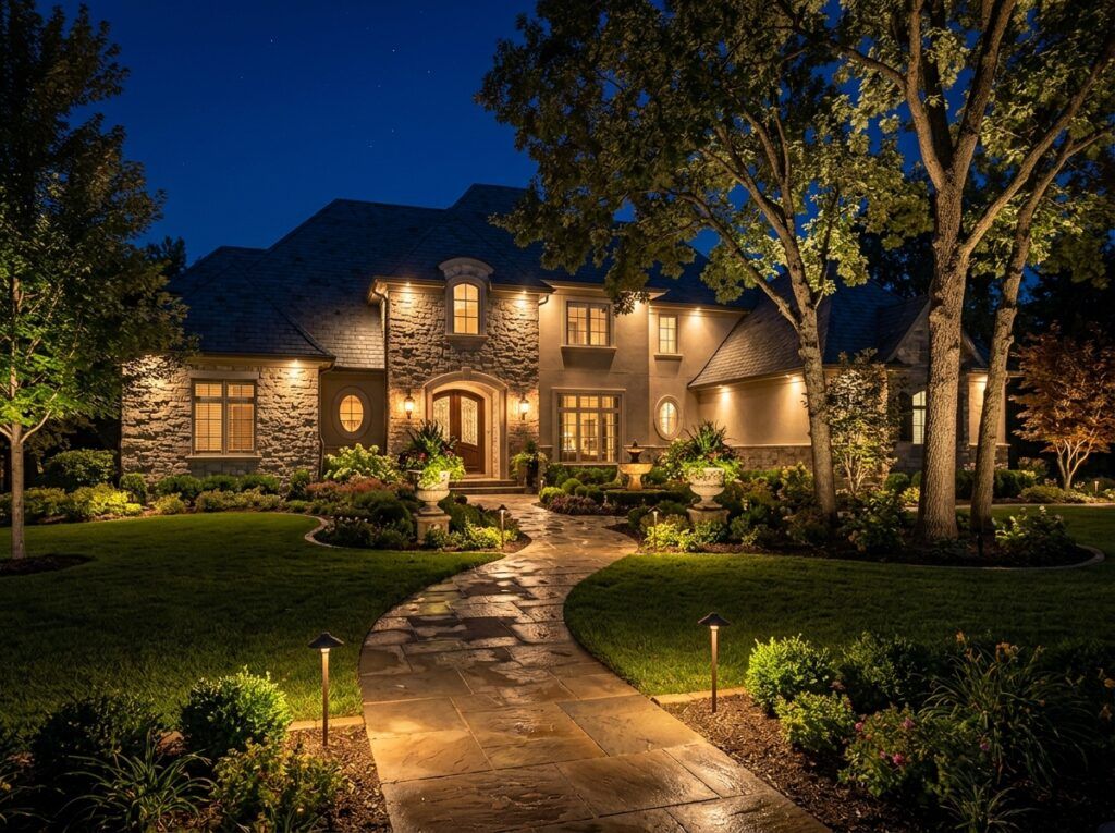 Elegant landscape lighting highlighting paths, beds, trees and architecture for warm, inviting curb appeal