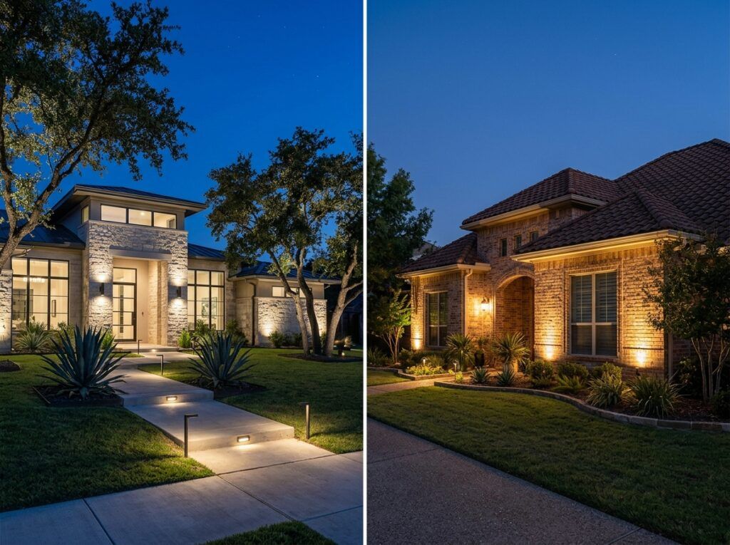 Modern LED vs older halogen landscape lighting comparison for energy-efficient outdoor landscaping illumination