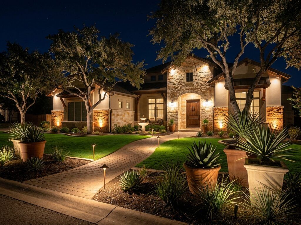 Upscale front yard landscape lighting at night with balanced path lights and tree uplights