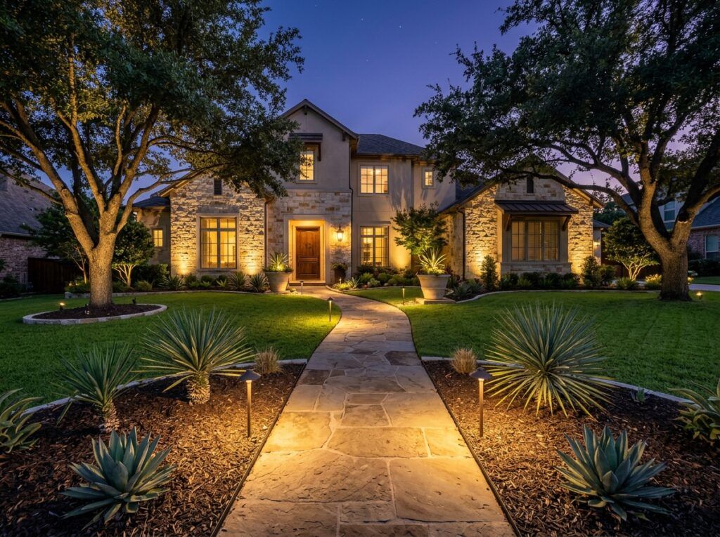 Front yard at dusk with professional landscape lighting design illuminating paths, garden beds and home facade