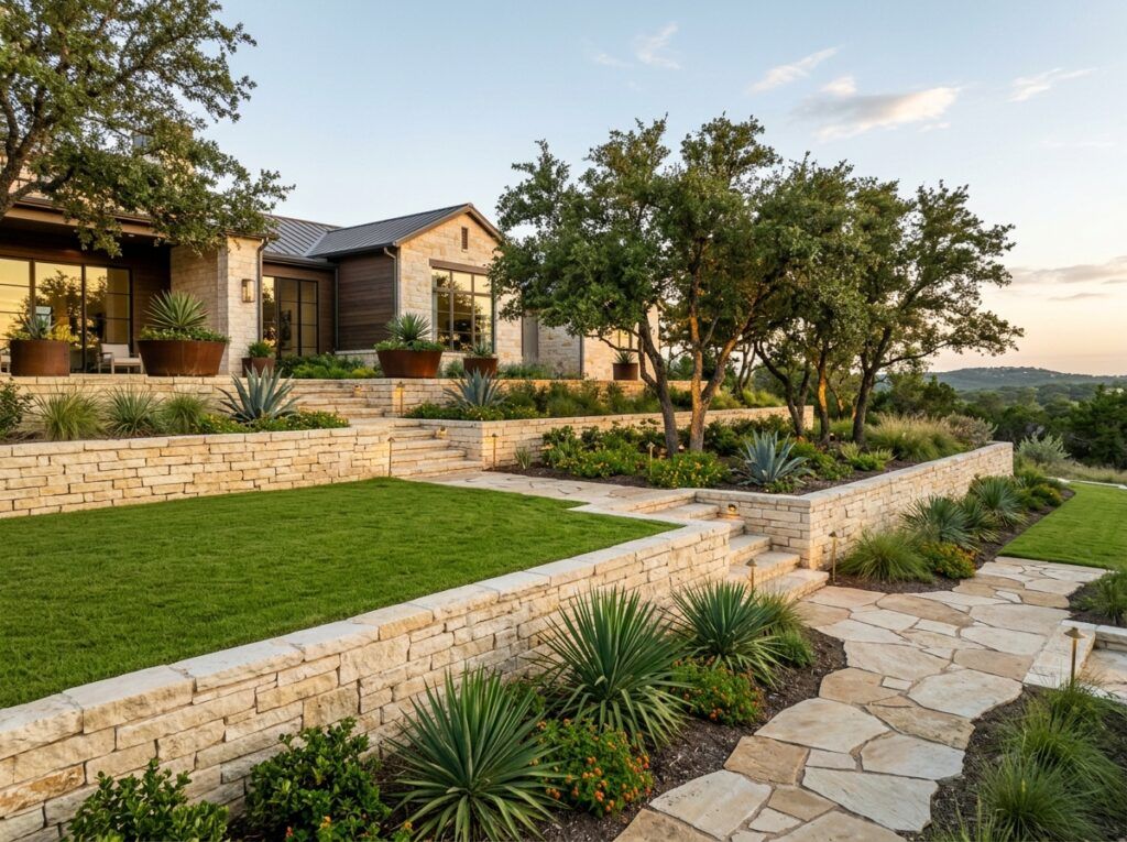 Sloped Texas yard landscaping with retaining wall, level lawn, and planting beds for functional landscape design
