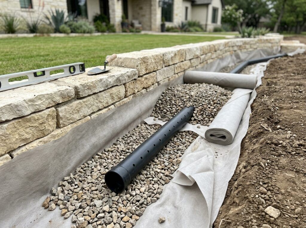 Retaining wall drainage installation with gravel backfill, perforated drain pipe and filter fabric during construction