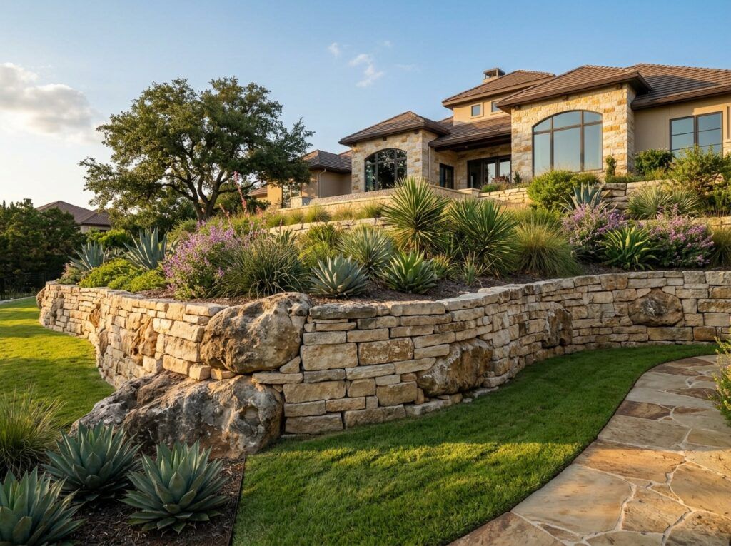 Well-maintained retaining wall with mature landscaping at luxury Texas home, stabilized slope, landscape design