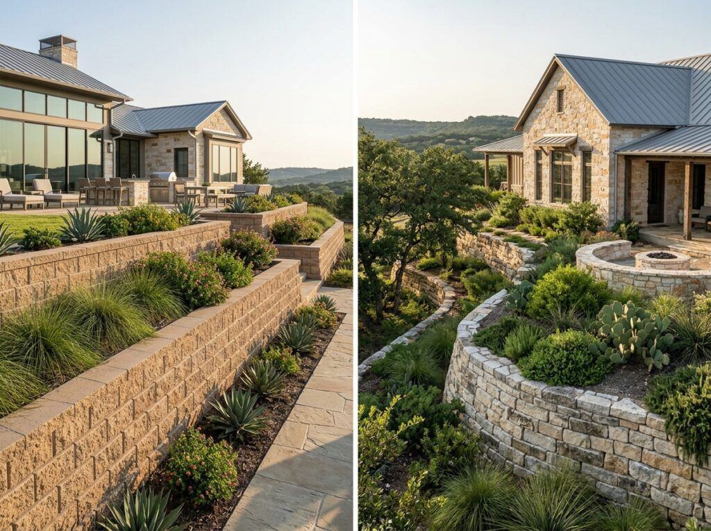 Concrete block vs limestone retaining wall comparison for landscape design, drainage, and erosion control