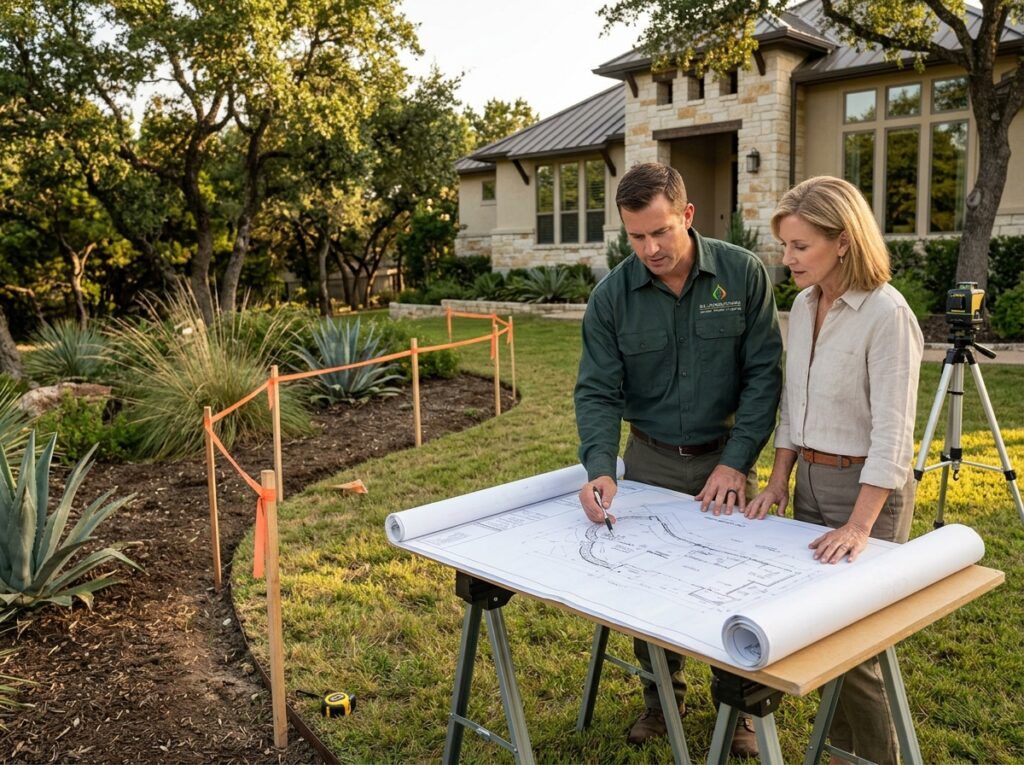 Homeowner and contractor reviewing retaining wall design plans for sloped residential yard landscaping