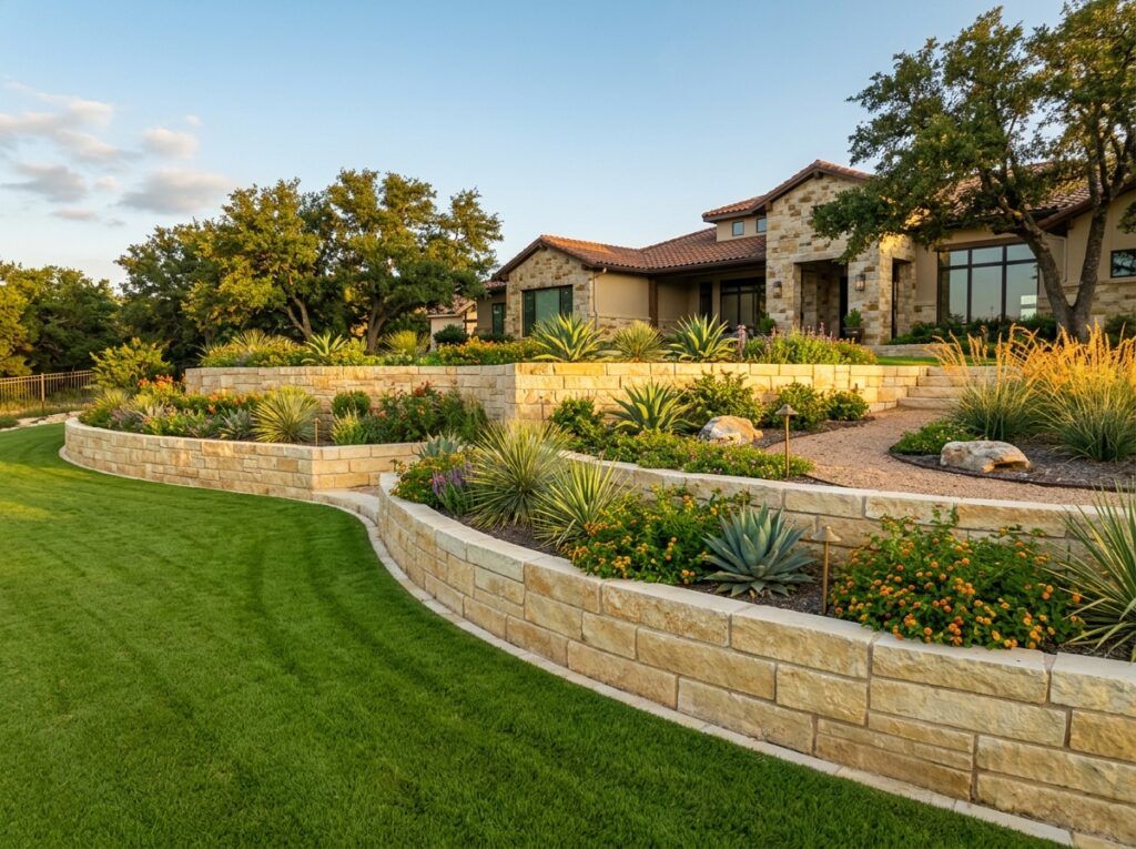 Professionally built retaining wall with clean grading, polished lawn, and planting beds at luxury Texas home