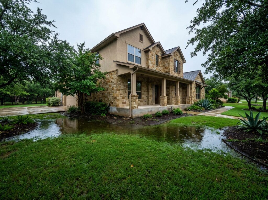Standing water near lawn and foundation after heavy rain, yard drainage landscaping solutions to prevent flooding