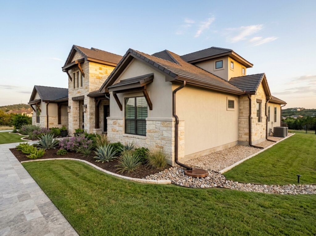 Home with downspout drainage directing roof runoff away, clean landscape beds, dry foundation edge