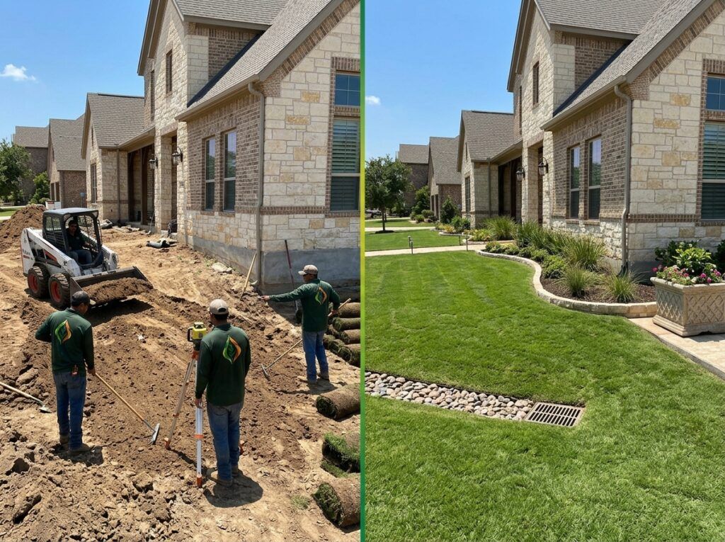 Yard grading in progress and finished slope showing improved drainage flow away from home on Texas property