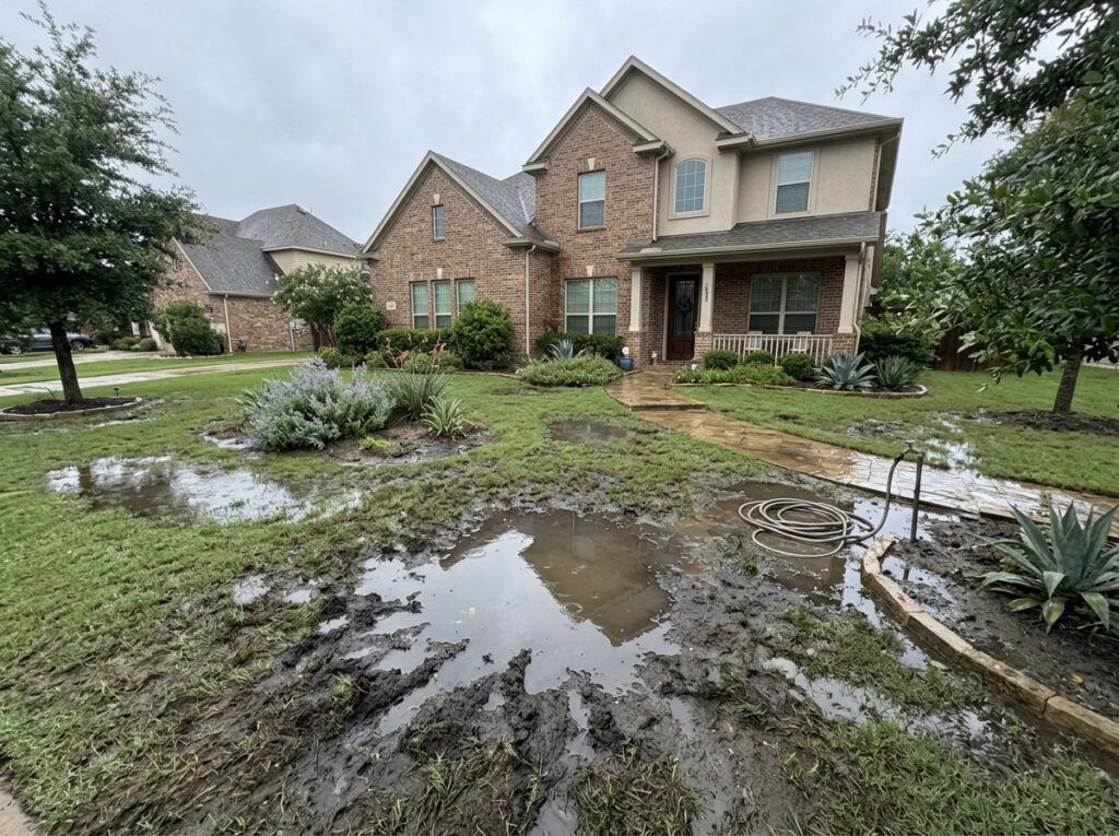 Yard with standing water and soggy lawn after rain, highlighting drainage issues for landscape design fixes