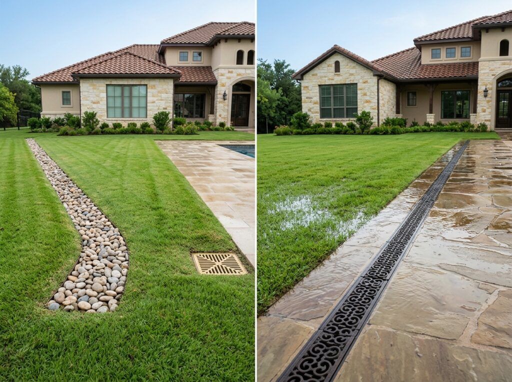French drain vs surface drain comparison for residential drainage after rainfall at upscale Texas properties