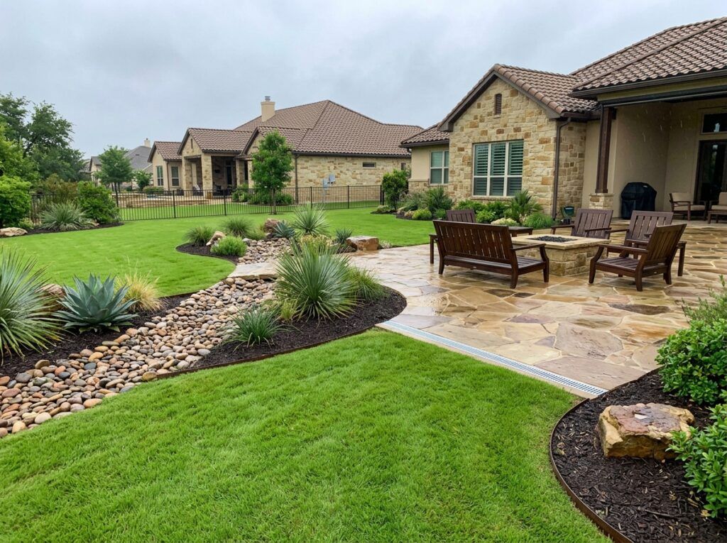 Yard after rain with professional drainage improvements, dry patio, usable lawn, clean landscaping bed edges