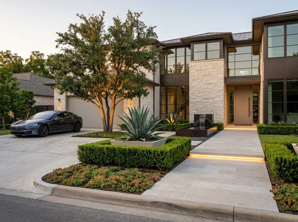 Modern front yard landscape design with clean lines, structured plantings, and elegant materials for polished curb appeal