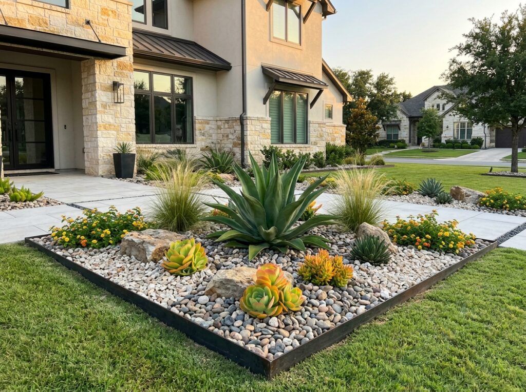 Low-maintenance San Antonio landscape bed with decorative rock, drought-tolerant plants, crisp edging