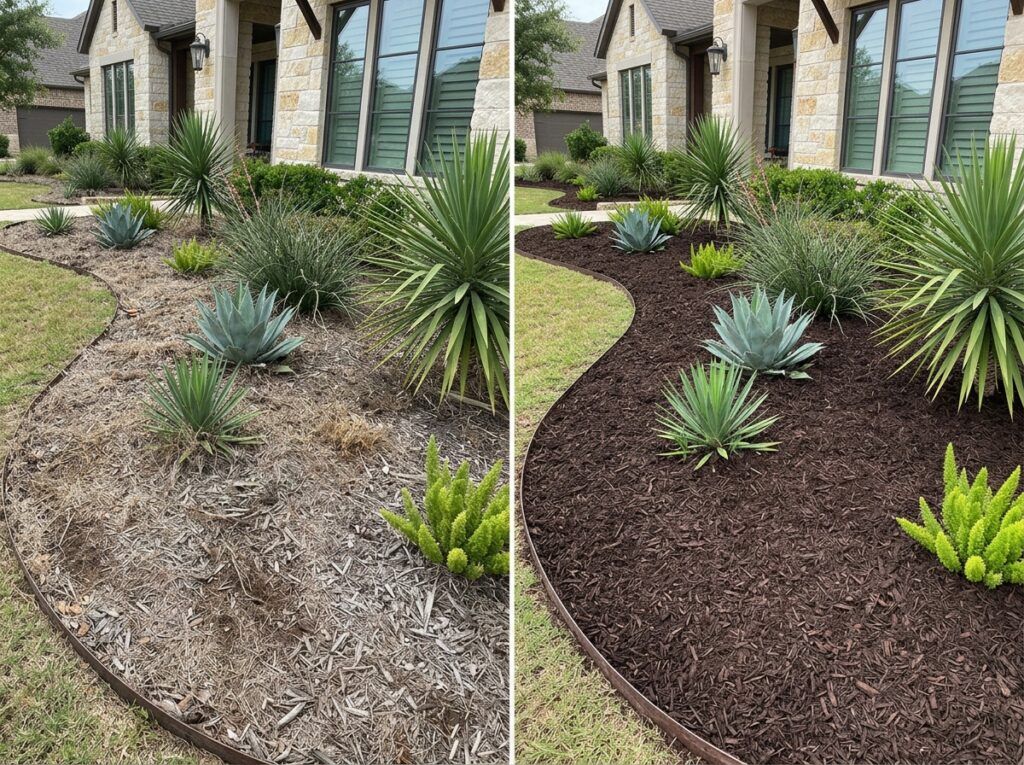 Before-and-after front yard landscaping: refreshed dark mulch, crisp bed lines, upgraded landscape edging