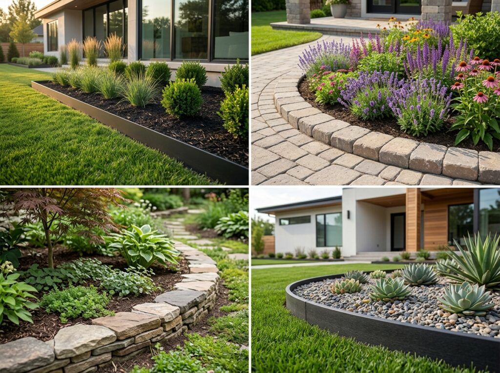 Upscale landscape bed edging styles: steel edging, paver edging, stone edging, and composite edging examples