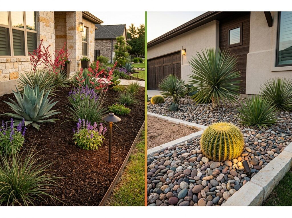 Mulch vs decorative rock landscape beds at upscale San Antonio homes, drought-tolerant xeriscape design comparison
