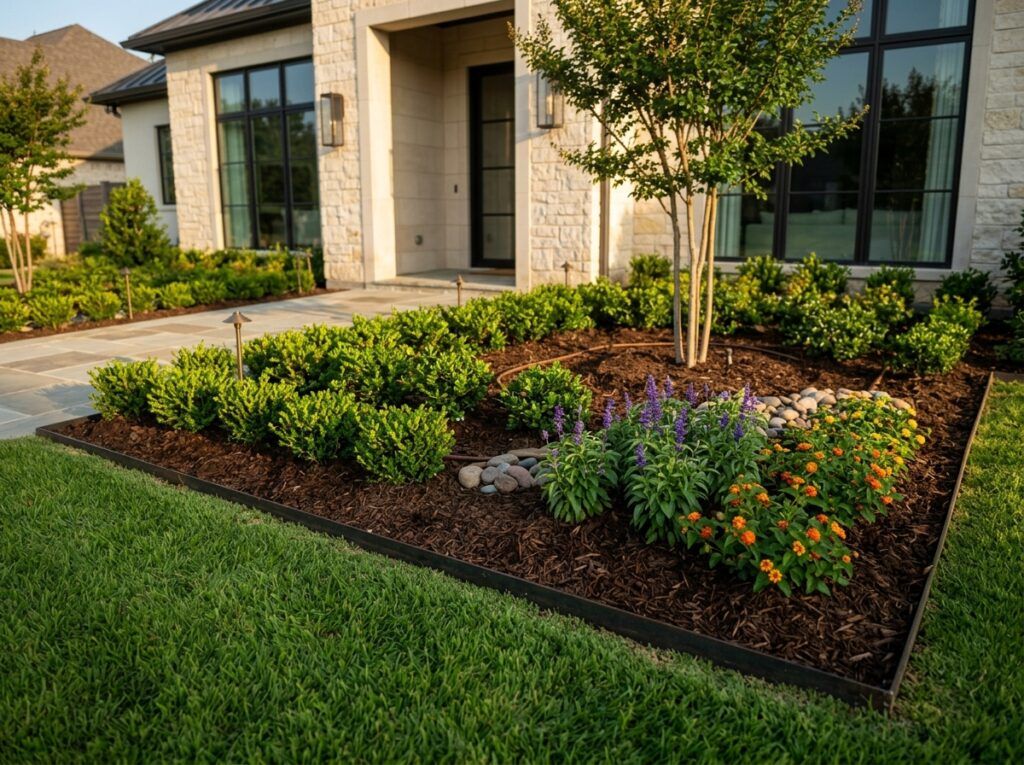 Professional landscaping landscape bed with fresh mulch, healthy shrubs and crisp edging in luxury front yard