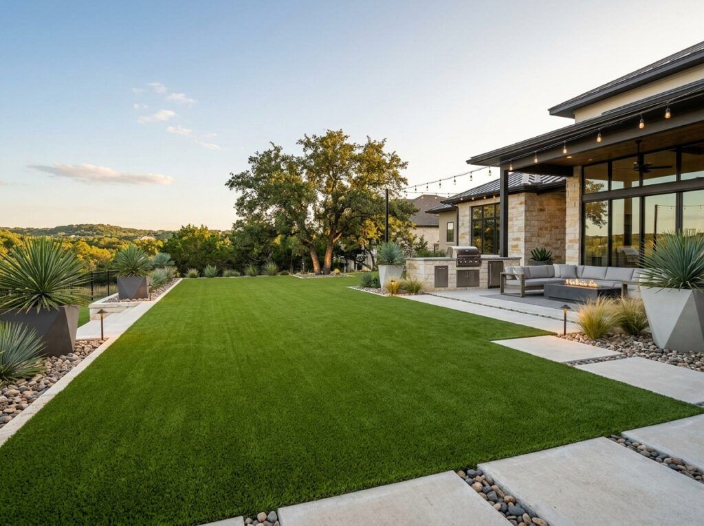 Finished premium artificial turf backyard with clean low-maintenance landscape design and elegant outdoor living area