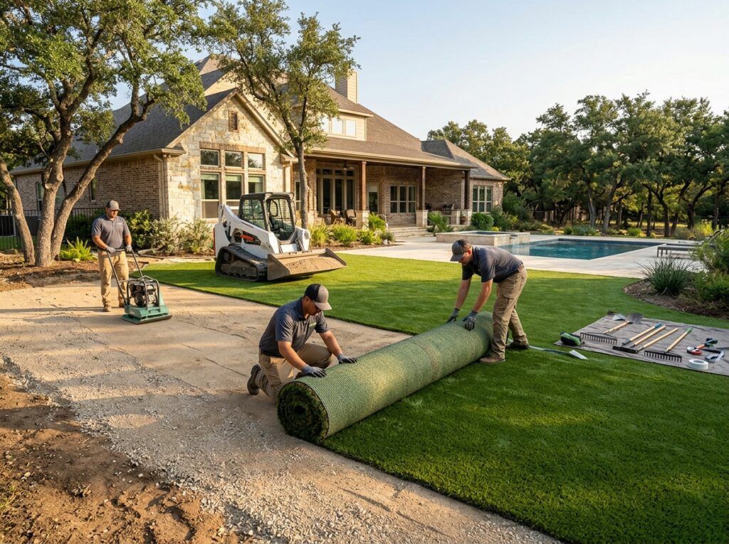 Professional artificial turf installation with base preparation and turf roll placement in a residential yard