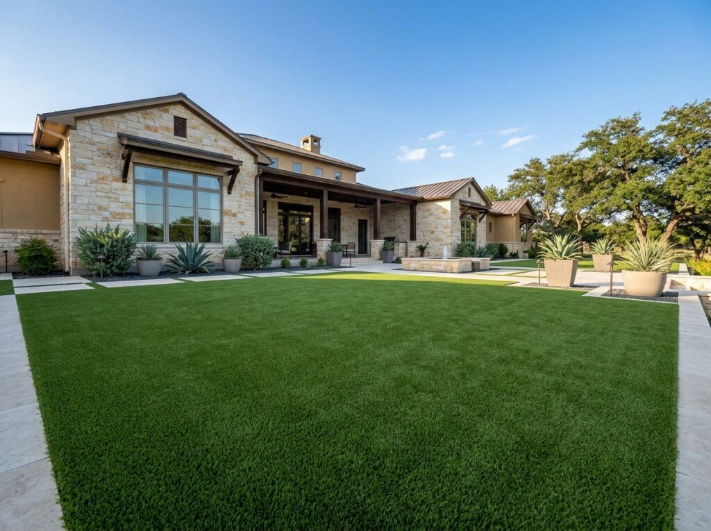 High-end artificial turf lawn at luxury Texas home, clean year-round green look, polished residential landscaping