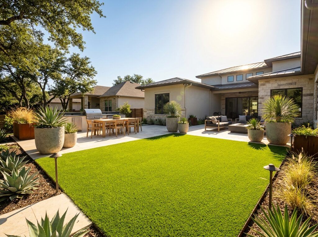 Premium artificial turf backyard with upscale patio and lawn in bright Texas afternoon sunlight