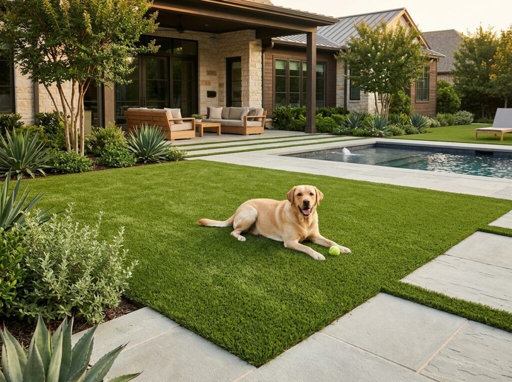 Luxury backyard landscaping with pet-friendly artificial turf, clean durable surface, neat edges, happy dog